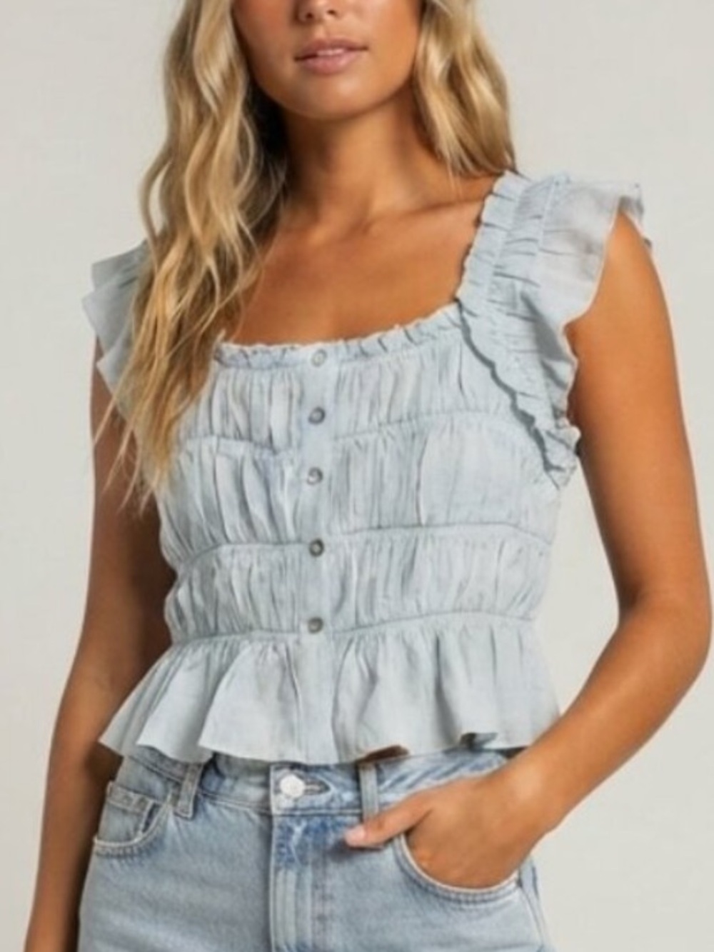 Thirty Thirty Light Blue Ruffle-Trim Button Front Crop Top Medium 39533
